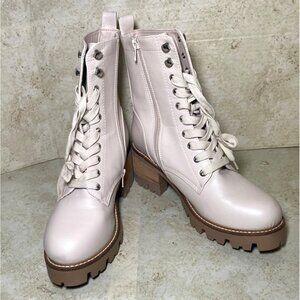 Womens Lace-Up Chunky Heel Combat Boots Beige Faux Leather Lug Sole Side Zipper